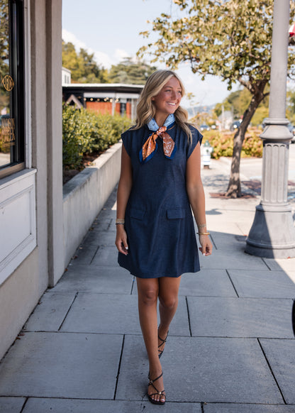 Denim Short Dress with Front Pockets - Navy