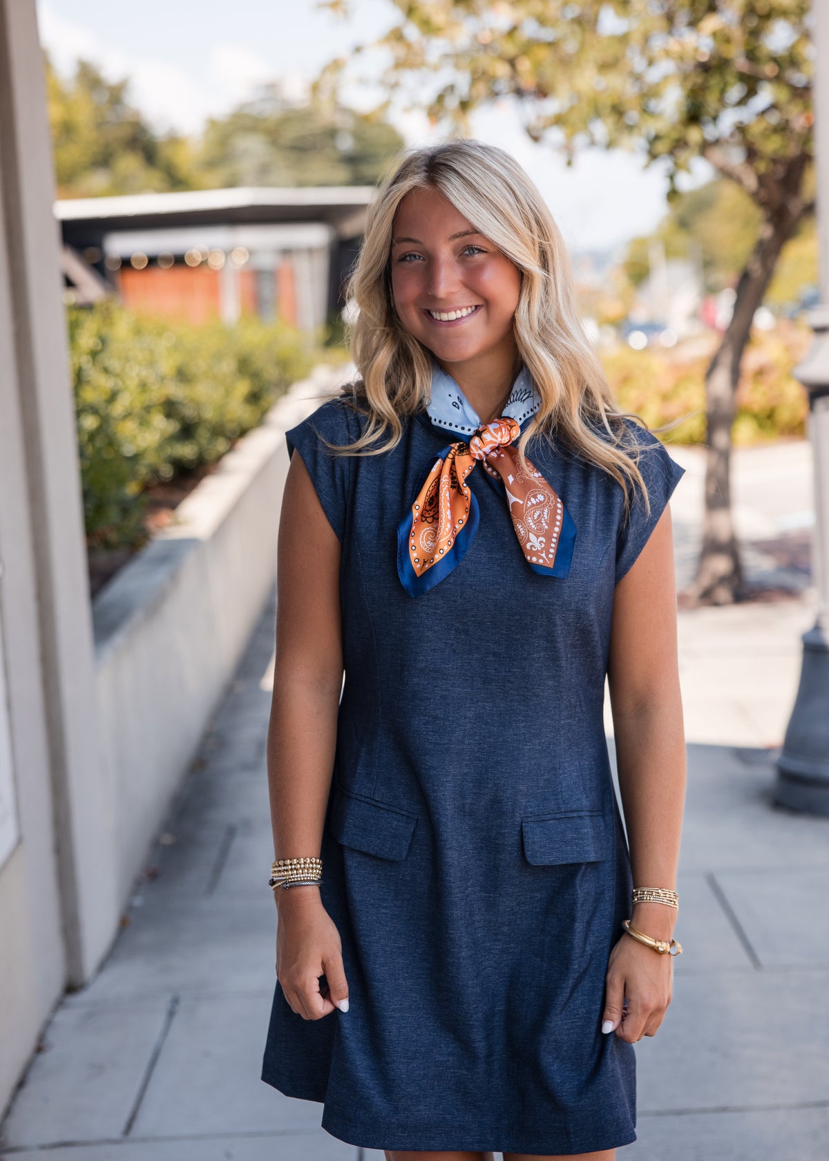 Denim Short Dress with Front Pockets - Navy