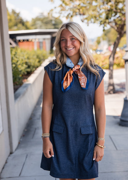 Denim Short Dress with Front Pockets - Navy