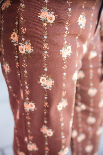 Floral Motif Wide Leg Pants - Brown