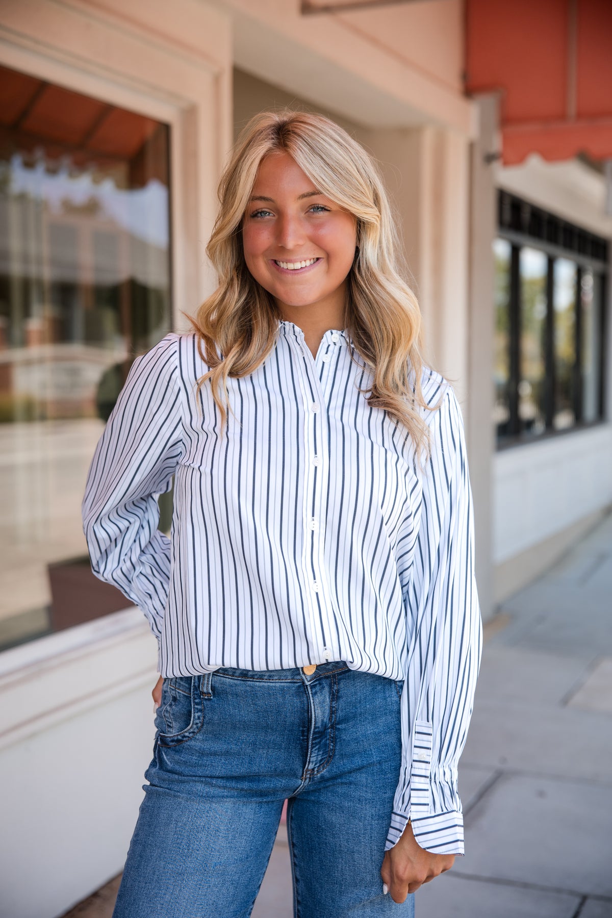 Adjustable Sleeve Button Front Top - White Club Navy