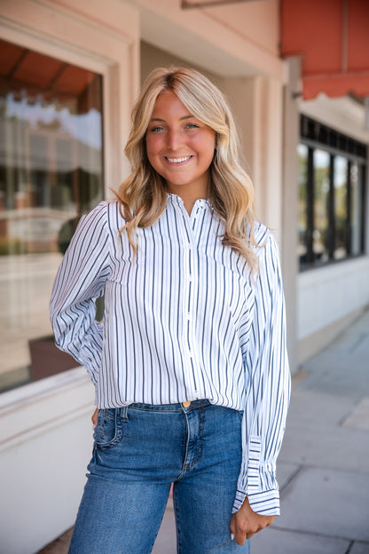 Adjustable Sleeve Button Front Top - White Club Navy