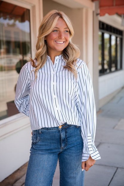 Adjustable Sleeve Button Front Top - White Club Navy