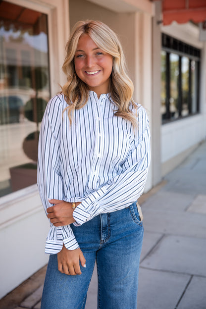 Adjustable Sleeve Button Front Top - White Club Navy
