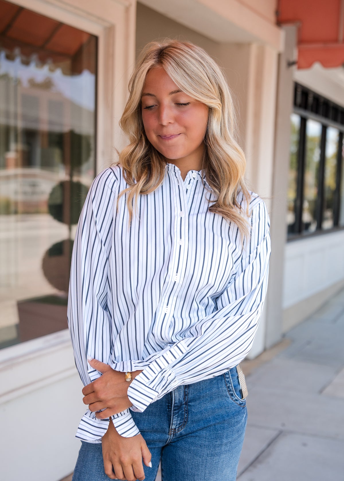 Adjustable Sleeve Button Front Top - White Club Navy