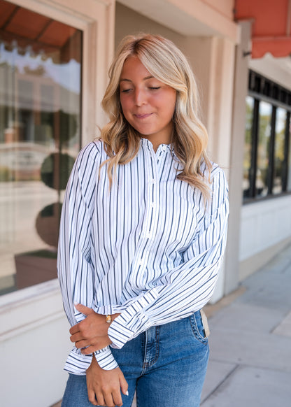 Adjustable Sleeve Button Front Top - White Club Navy