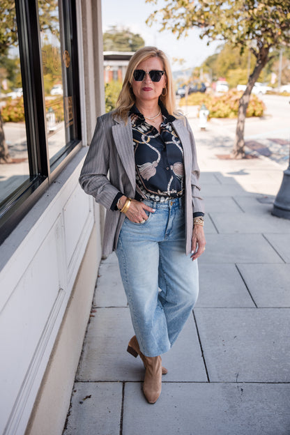 Herringbone 3/4 Sleeve Blazer - Light Grey
