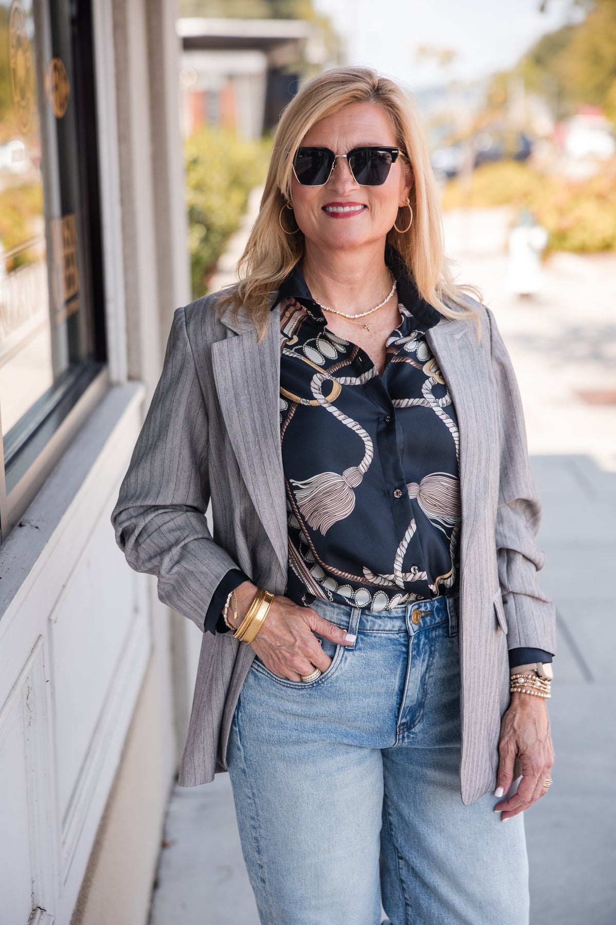 Herringbone 3/4 Sleeve Blazer - Light Grey