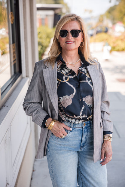 Herringbone 3/4 Sleeve Blazer - Light Grey