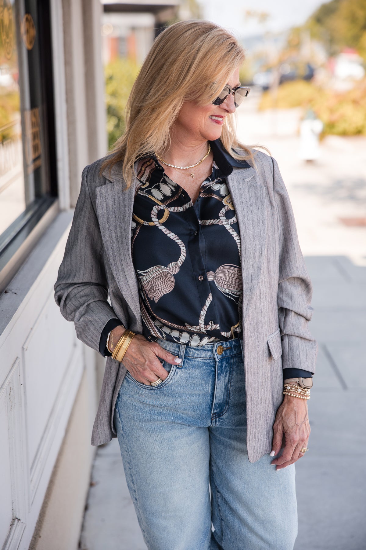 Herringbone 3/4 Sleeve Blazer - Light Grey