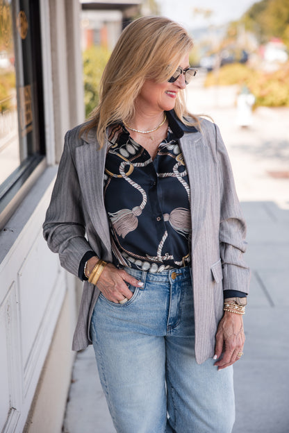 Herringbone 3/4 Sleeve Blazer - Light Grey