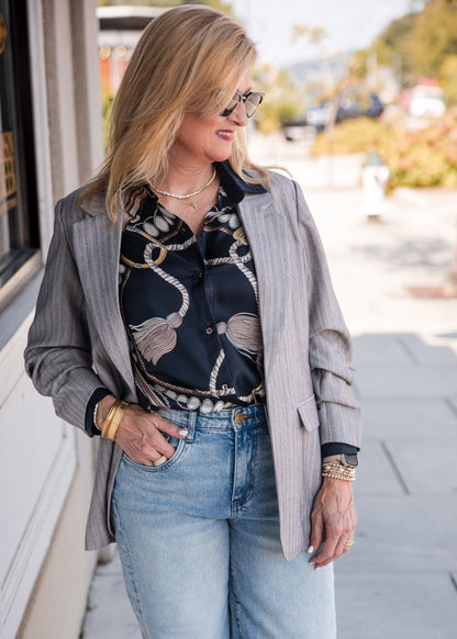 Herringbone 3/4 Sleeve Blazer - Light Grey
