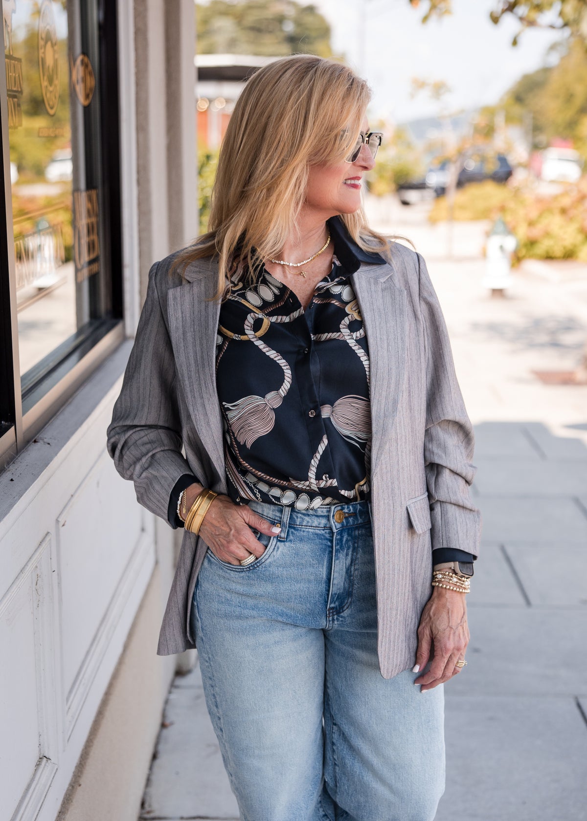 Herringbone 3/4 Sleeve Blazer - Light Grey