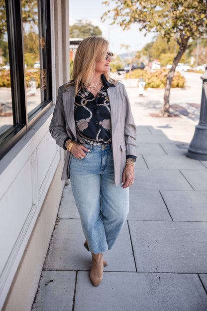 Herringbone 3/4 Sleeve Blazer - Light Grey