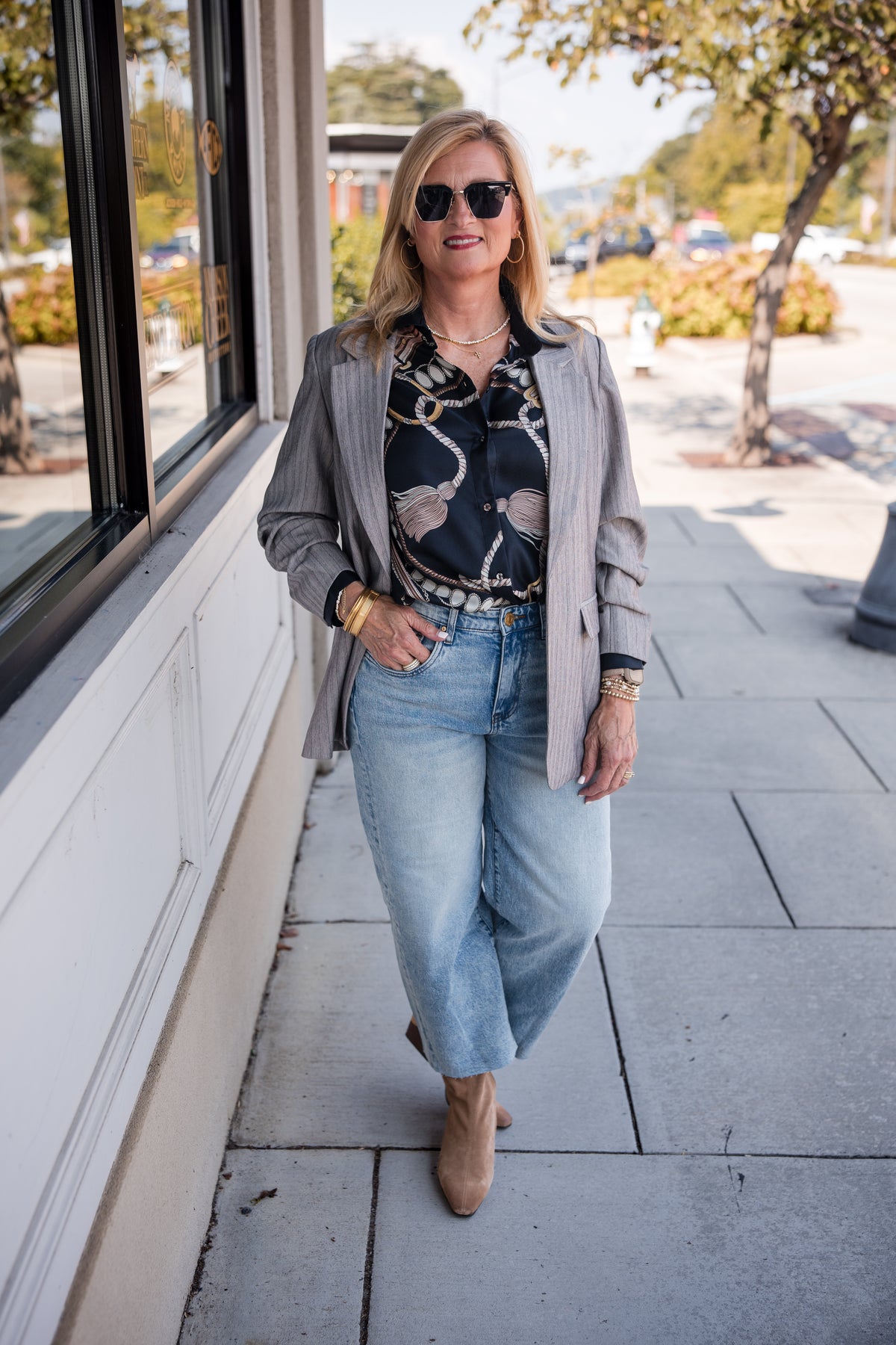 Herringbone 3/4 Sleeve Blazer - Light Grey