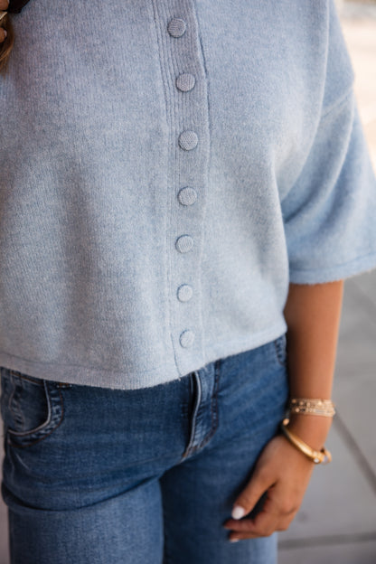 Button Down Short Sleeve Sweater - Baby Blue