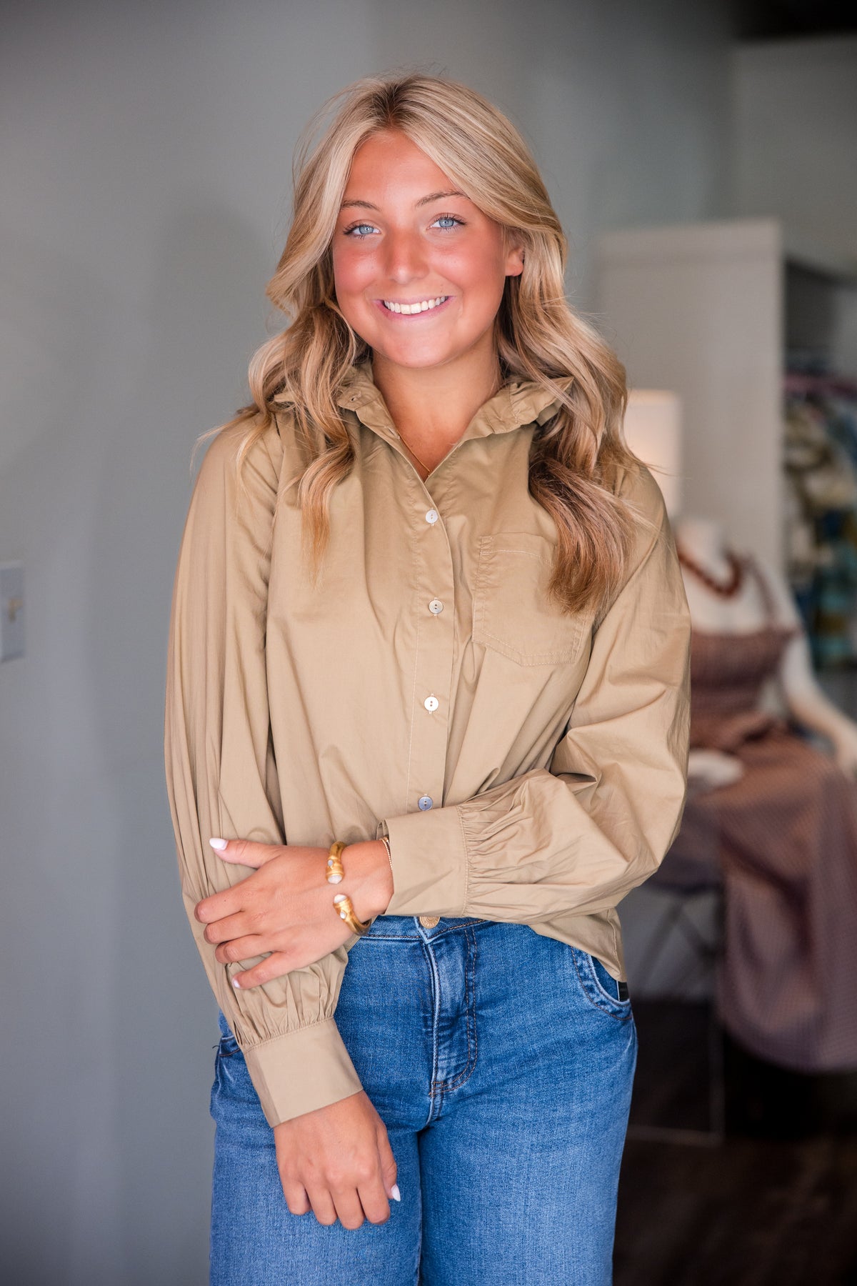Ruffled High-Neck Button Down Shirt - Khaki