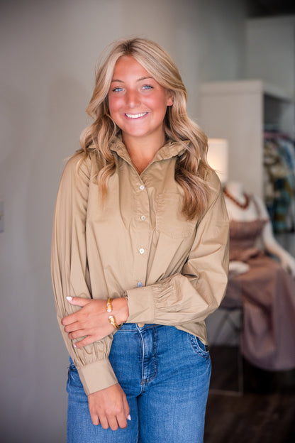 Ruffled High-Neck Button Down Shirt - Khaki