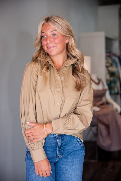 Ruffled High-Neck Button Down Shirt - Khaki
