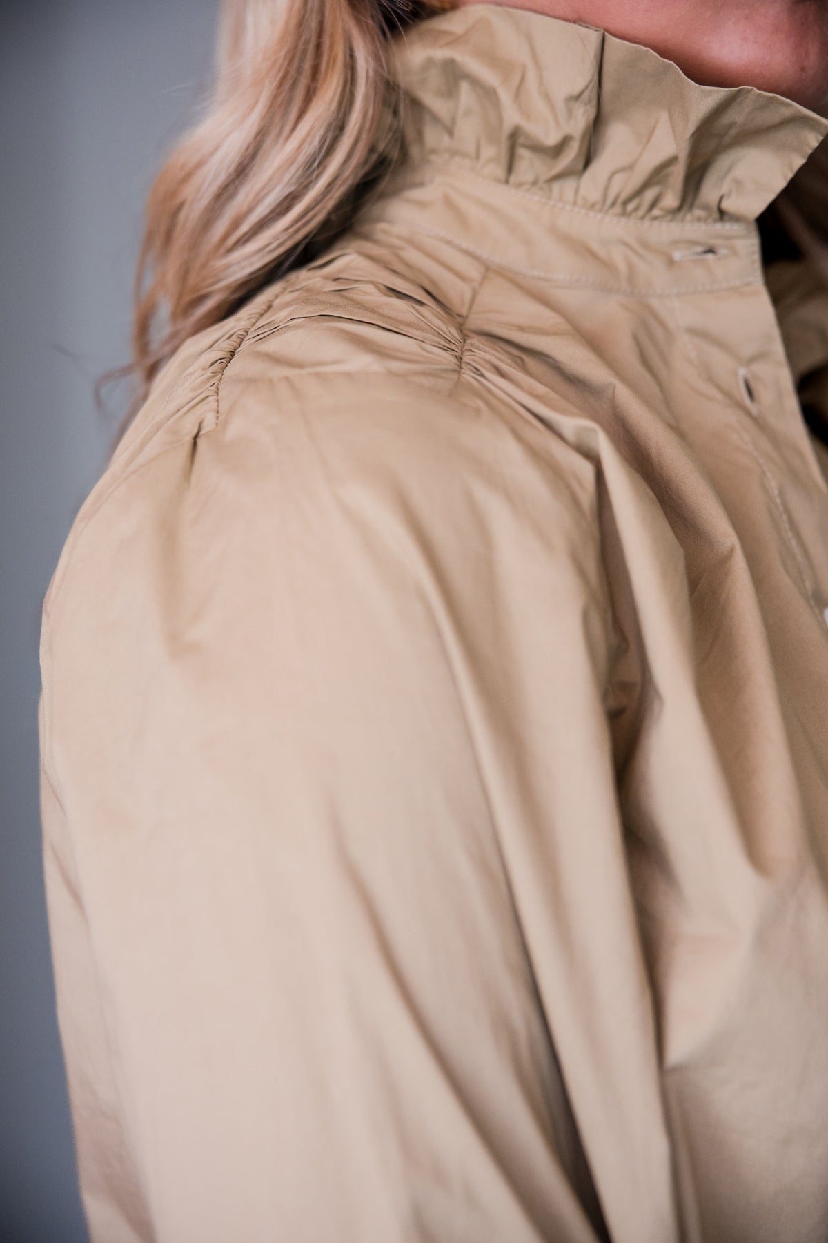 Ruffled High-Neck Button Down Shirt - Khaki