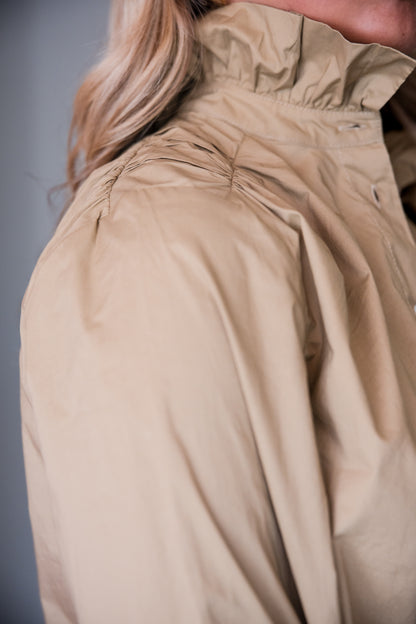 Ruffled High-Neck Button Down Shirt - Khaki