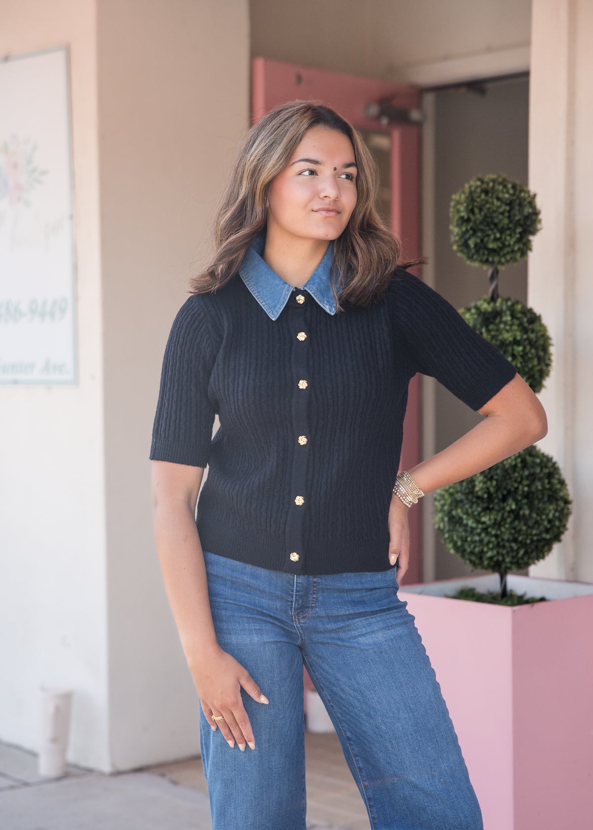 Rosie Short Sleeve Cable Knit Top - Black