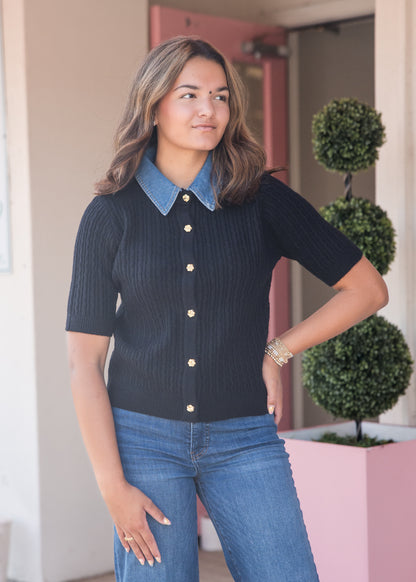 Rosie Short Sleeve Cable Knit Top - Black