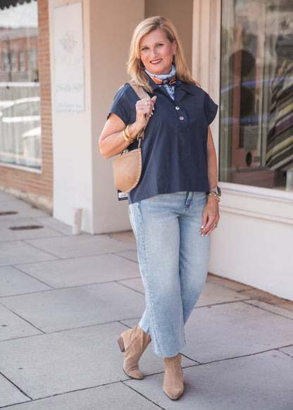 Solid Cap Sleeve Blouse Top - Navy