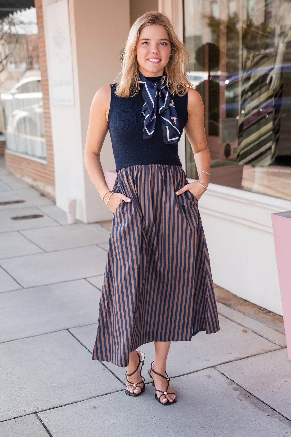 Striped Skirt Midi Dress - Navy