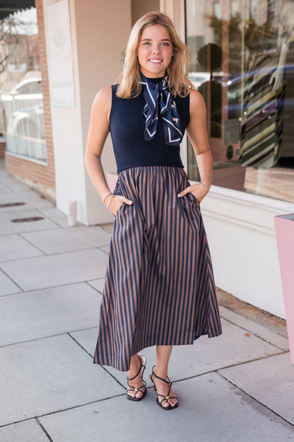 Striped Skirt Midi Dress - Navy