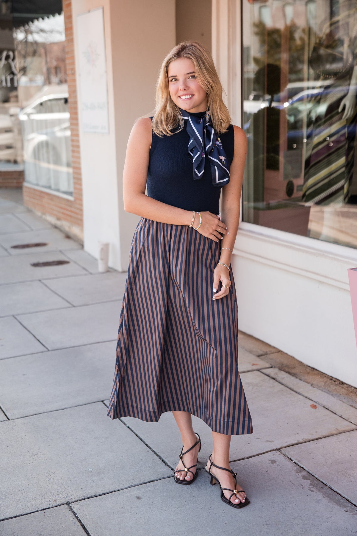 Striped Skirt Midi Dress - Navy