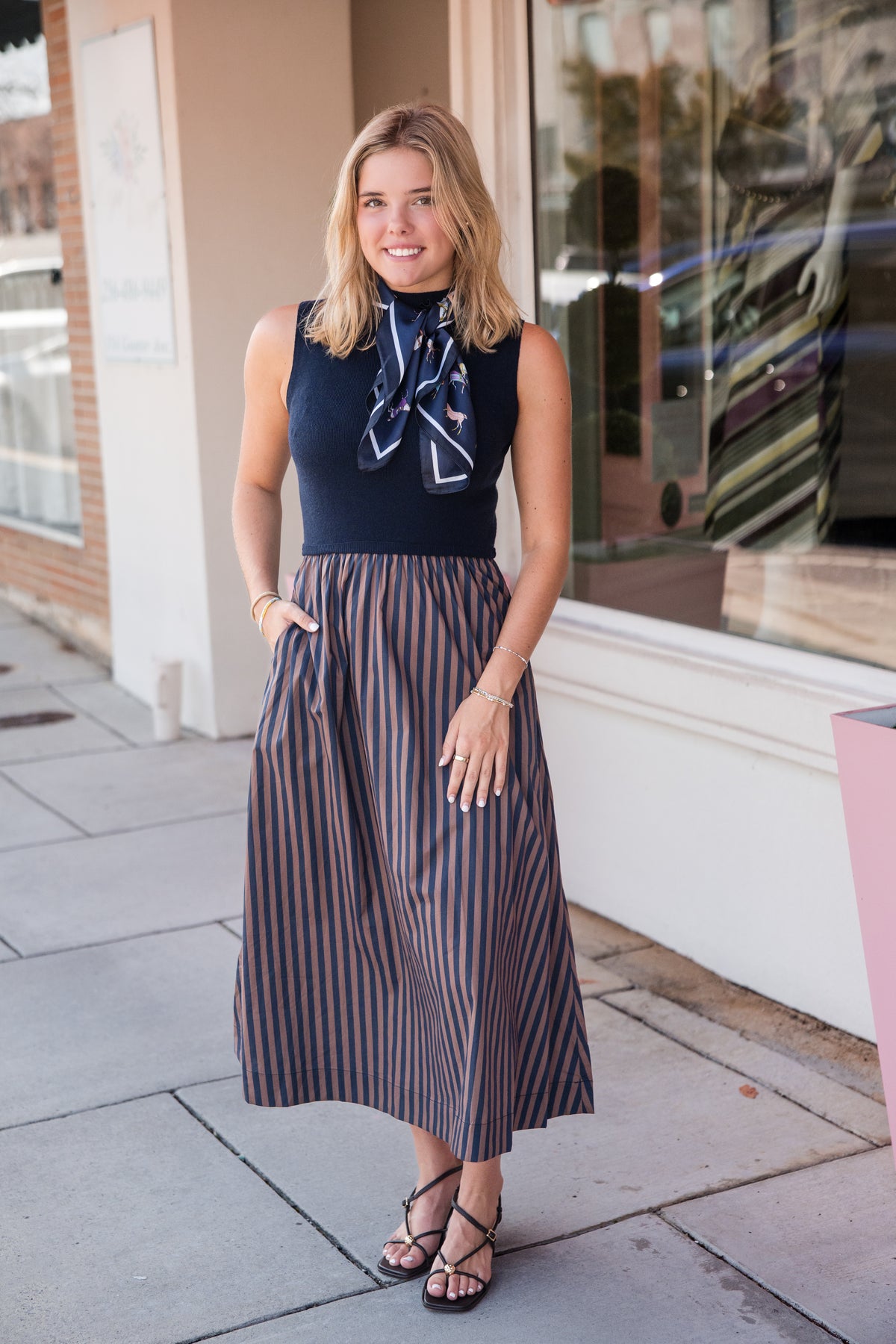 Striped Skirt Midi Dress - Navy