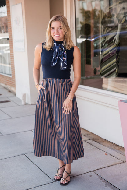 Striped Skirt Midi Dress - Navy
