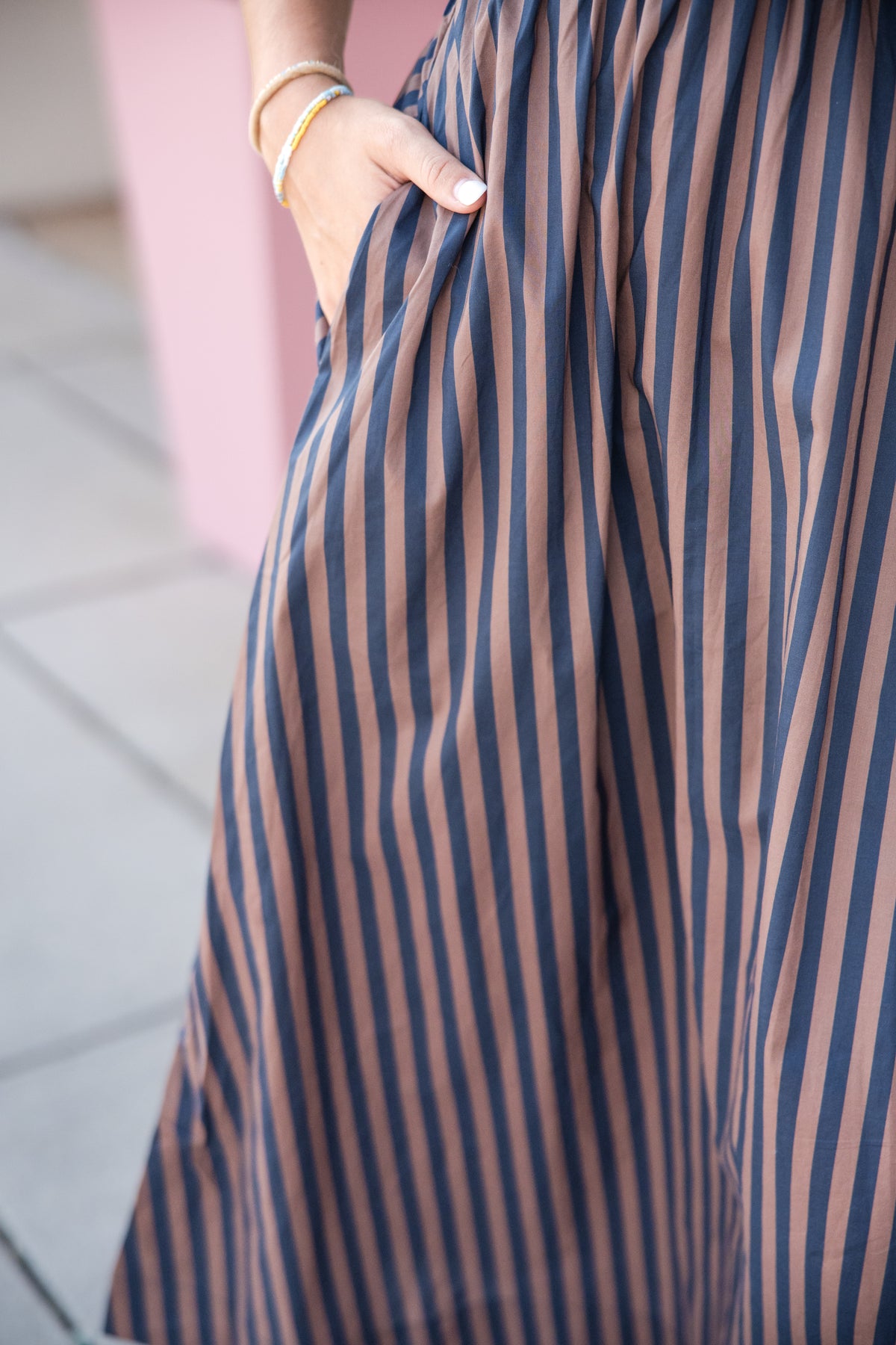Striped Skirt Midi Dress - Navy