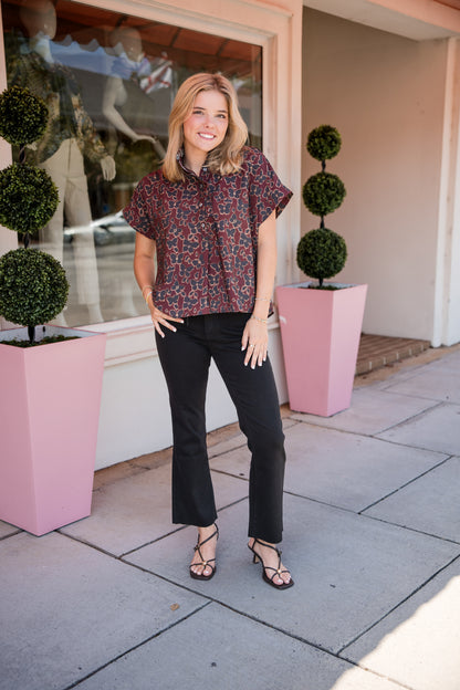 Floral Print Short Sleeve Ruffle Neck Top - Wine
