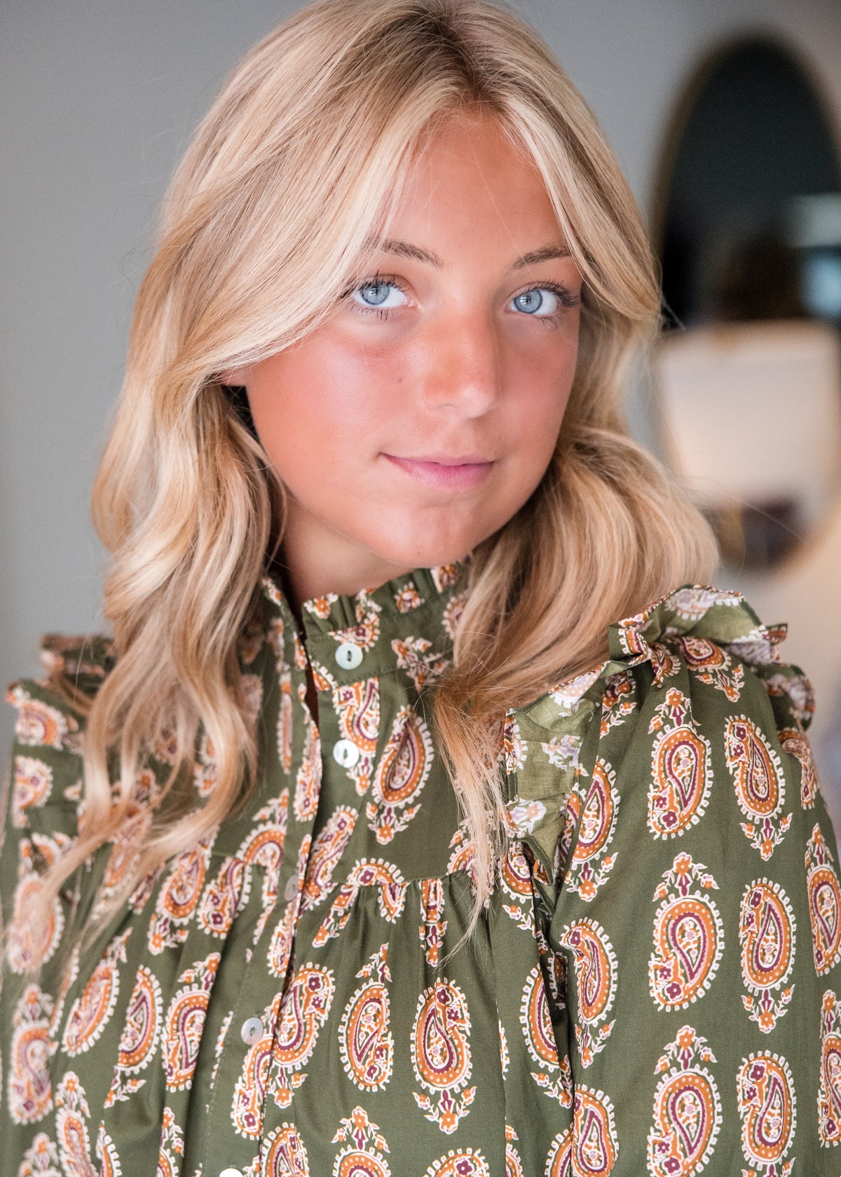 Paisley Print Button Down Shirt - Olive