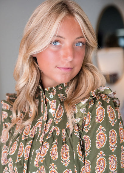 Paisley Print Button Down Shirt - Olive