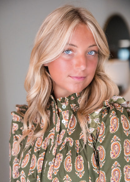 Paisley Print Button Down Shirt - Olive