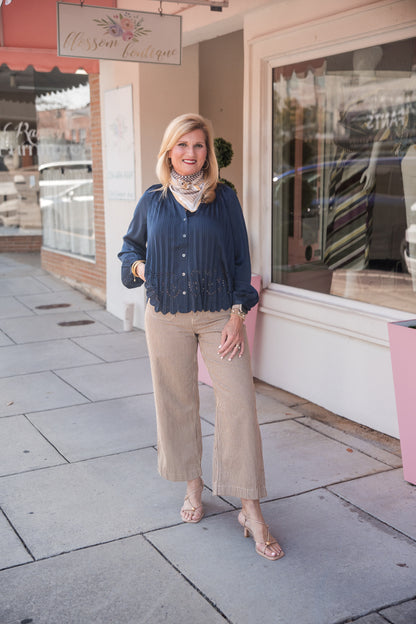 Allover Pleated Shirt Blouse - Navy
