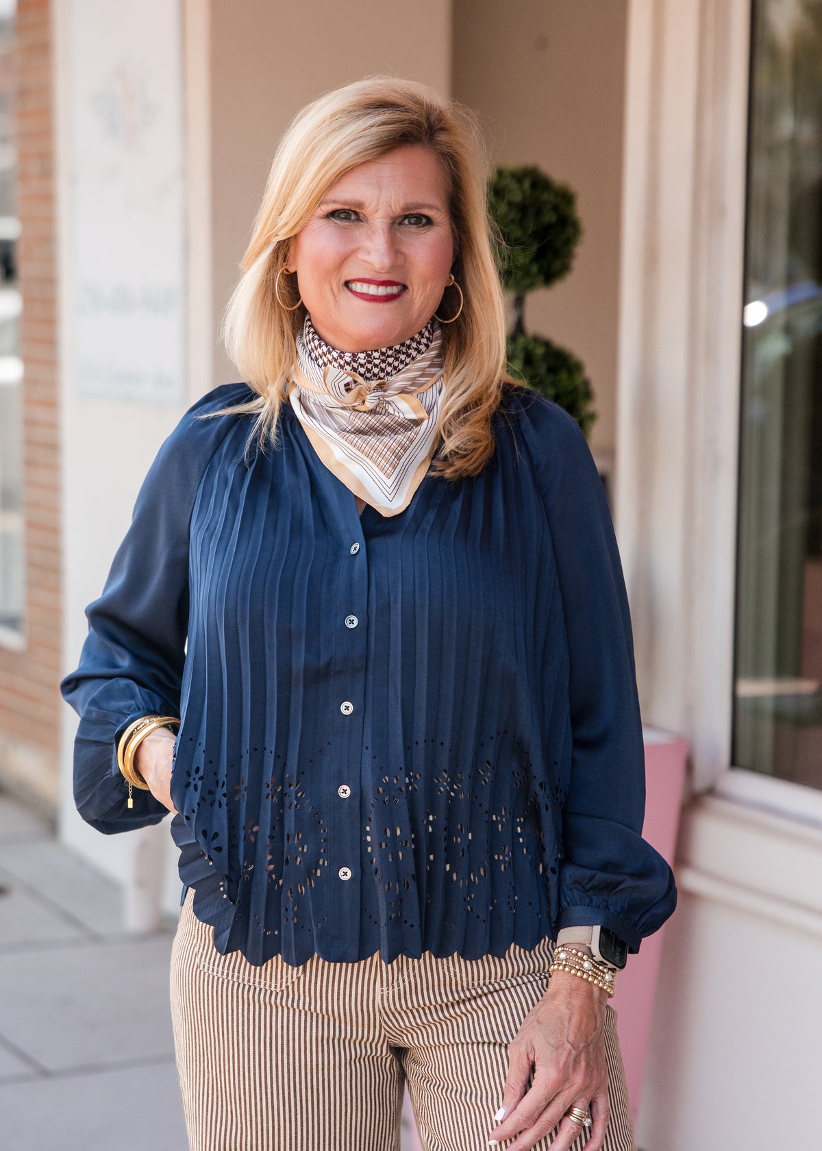 Allover Pleated Shirt Blouse - Navy