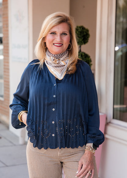 Allover Pleated Shirt Blouse - Navy