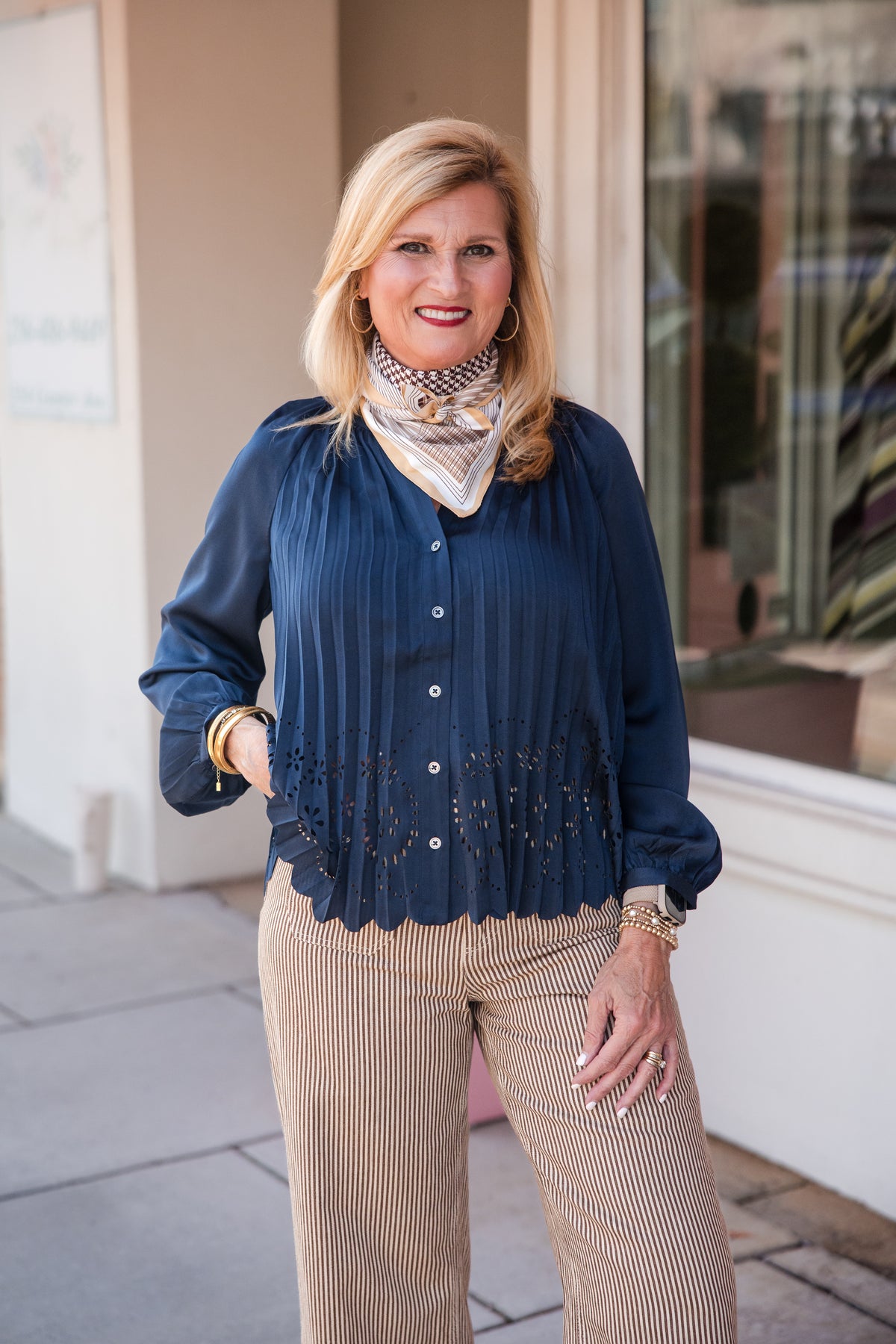 Allover Pleated Shirt Blouse - Navy
