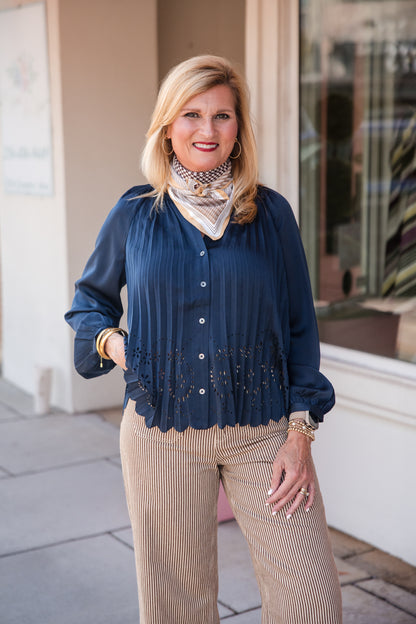 Allover Pleated Shirt Blouse - Navy