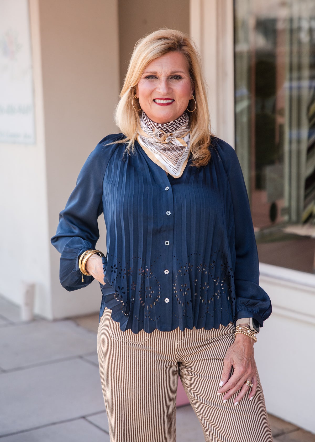 Allover Pleated Shirt Blouse - Navy