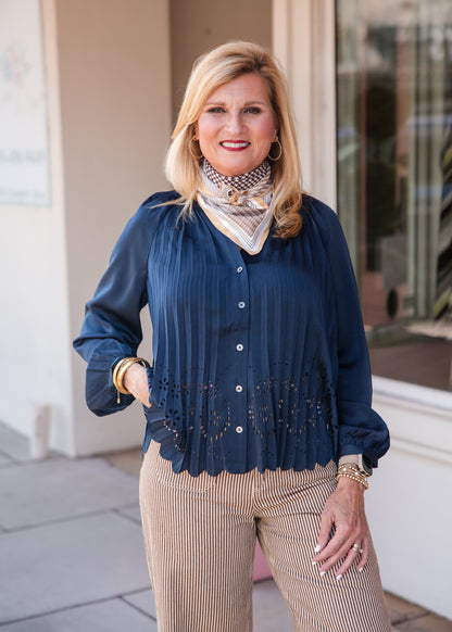 Allover Pleated Shirt Blouse - Navy