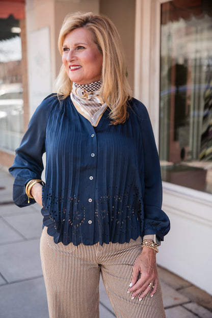 Allover Pleated Shirt Blouse - Navy