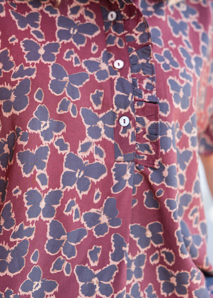 Floral Print Short Sleeve Ruffle Neck Top - Wine