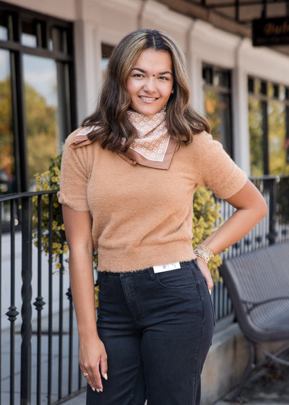 Cloud Nine Fluffy Short Sleeve Sweater - Camel