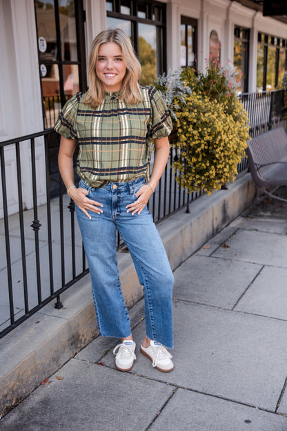 Ruffled Neck Plaid Top - Olive