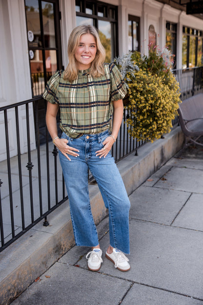Ruffled Neck Plaid Top - Olive